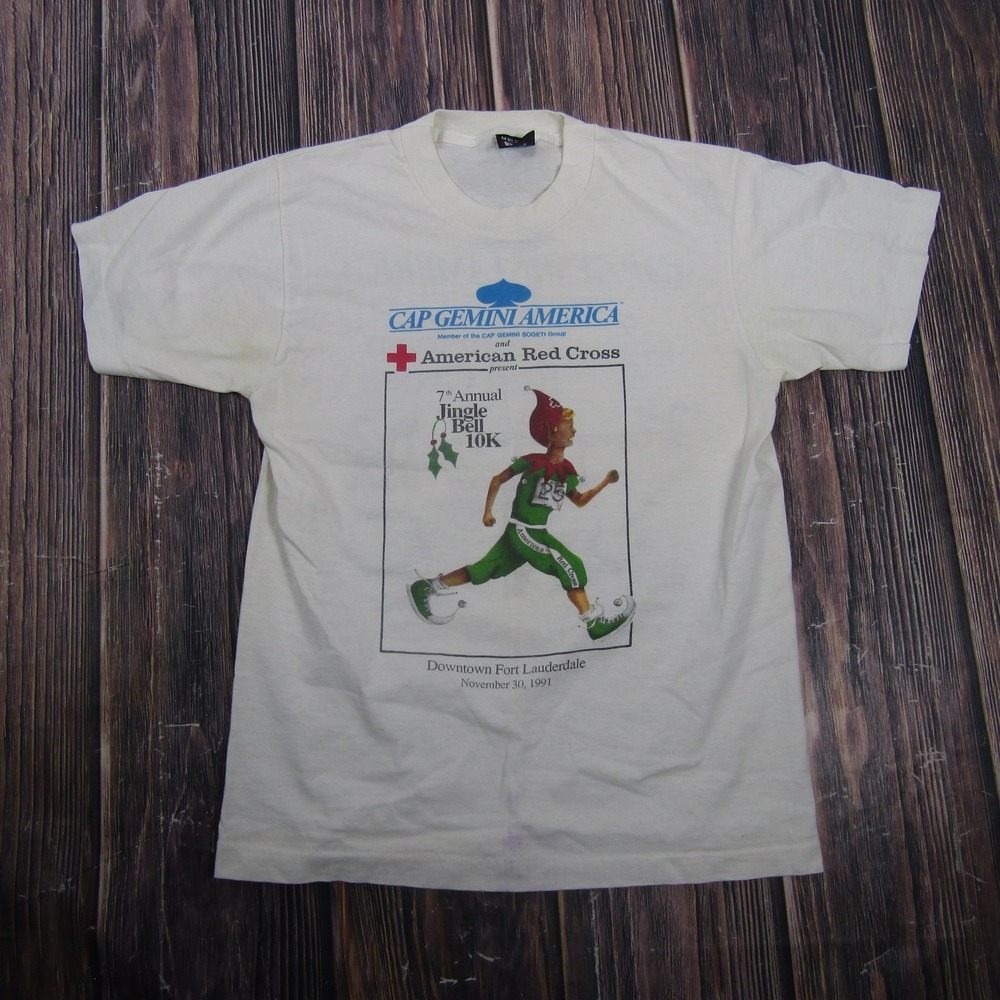 Vintage Screen Stars Best Jingle Bell 10K Shirt Mens Medium White 1991 Red Cross